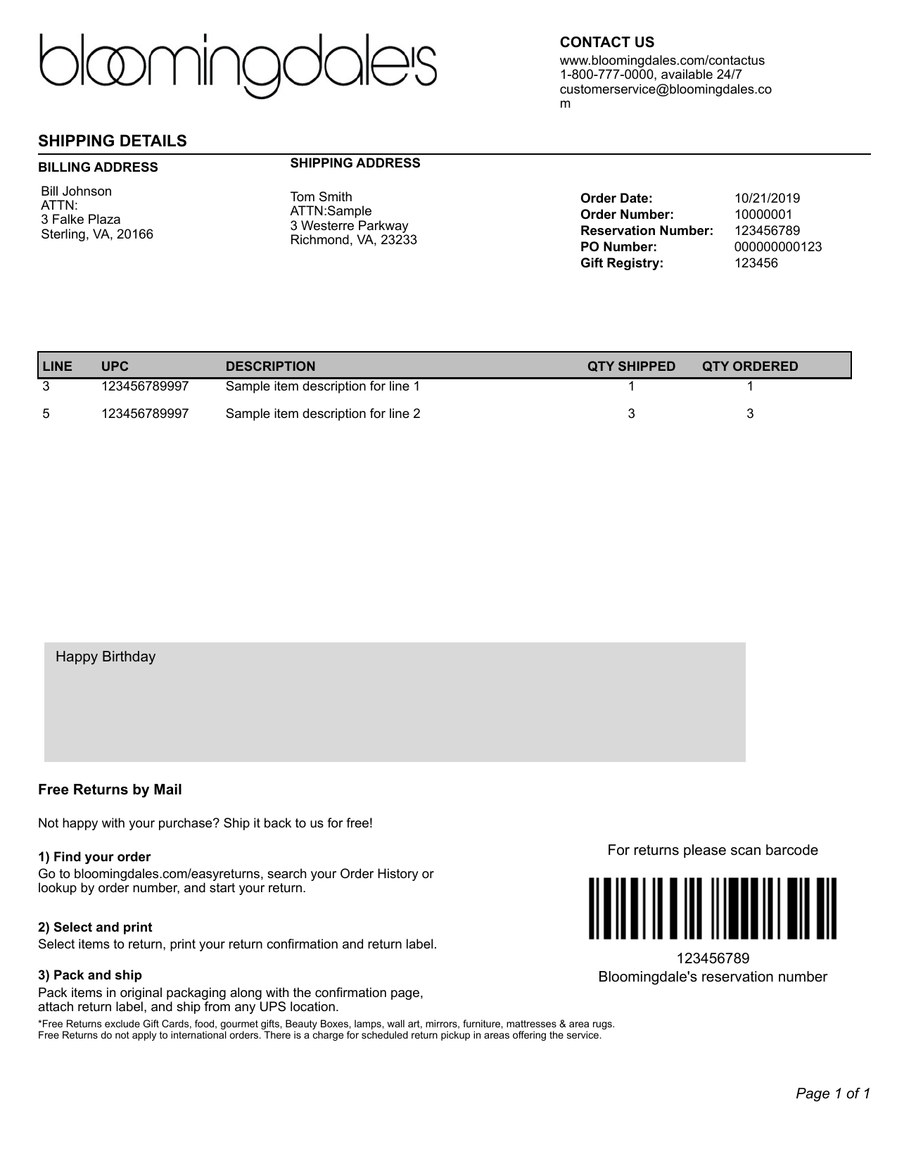 Bloomingdale's packing slip variant