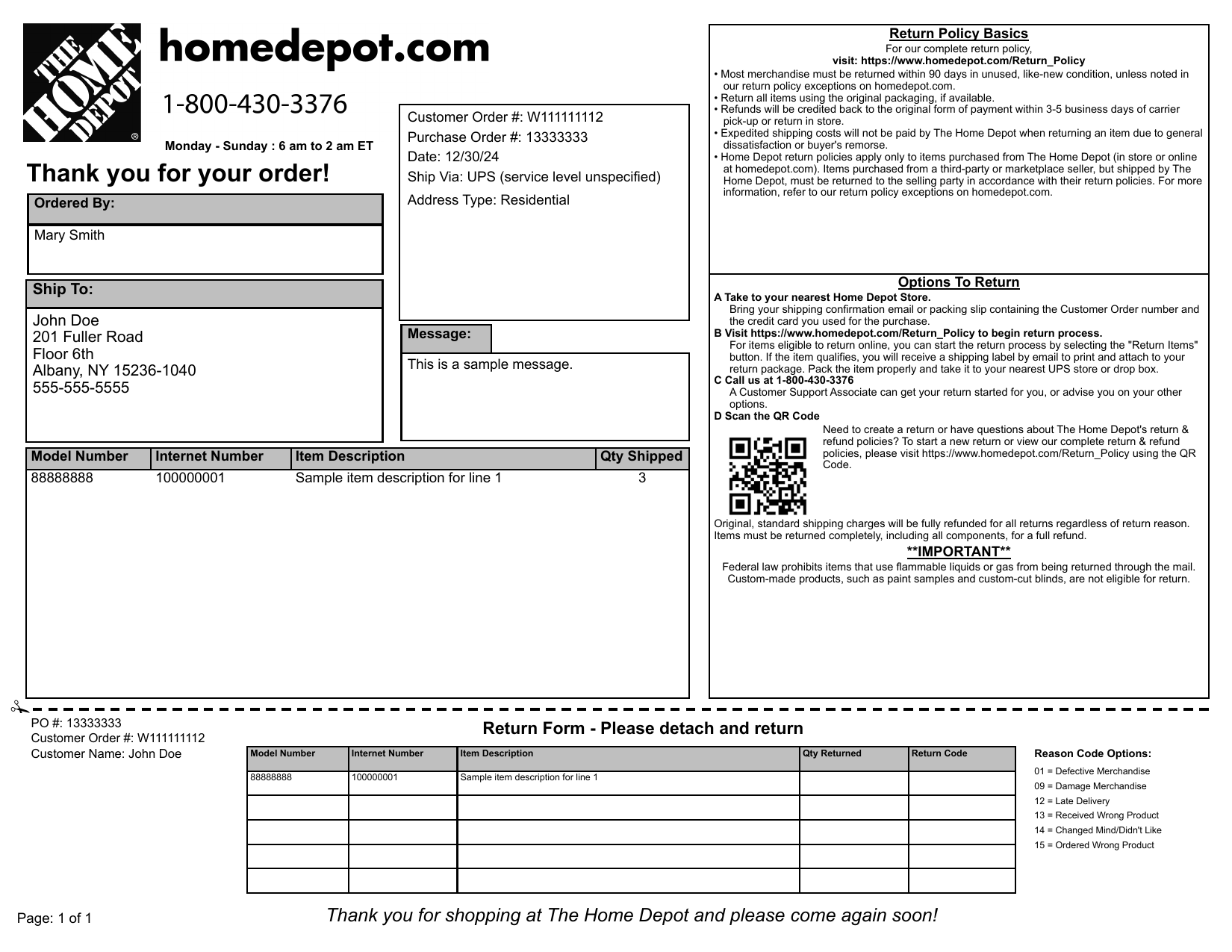 Home Depot packing slip template