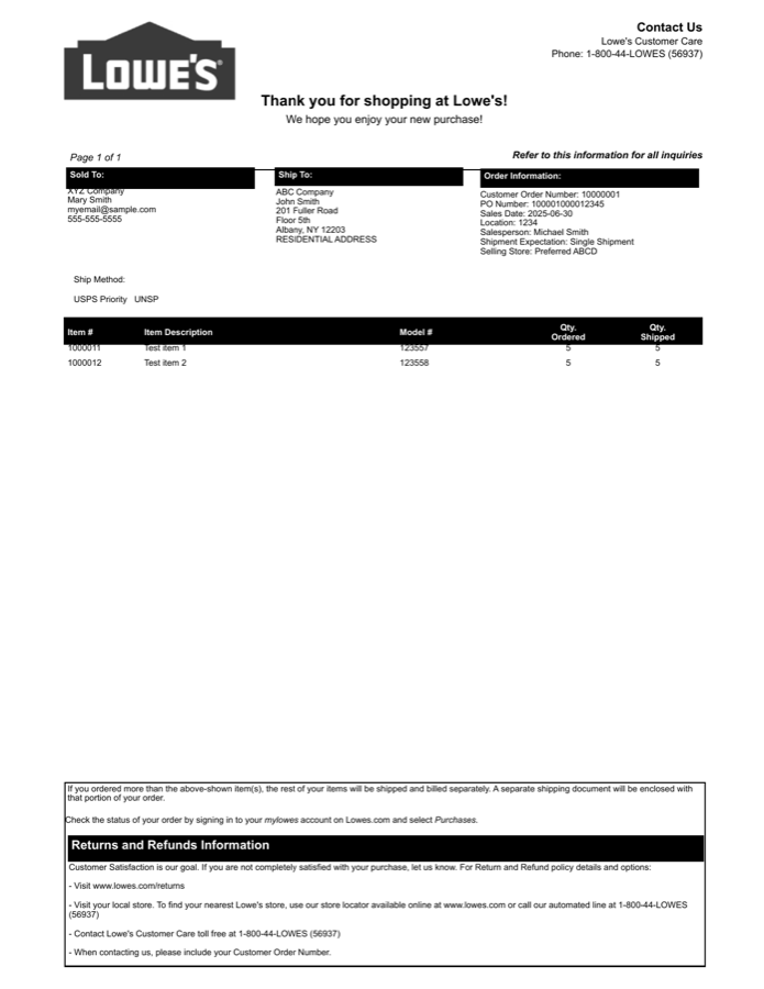 Lowe's packing slip template