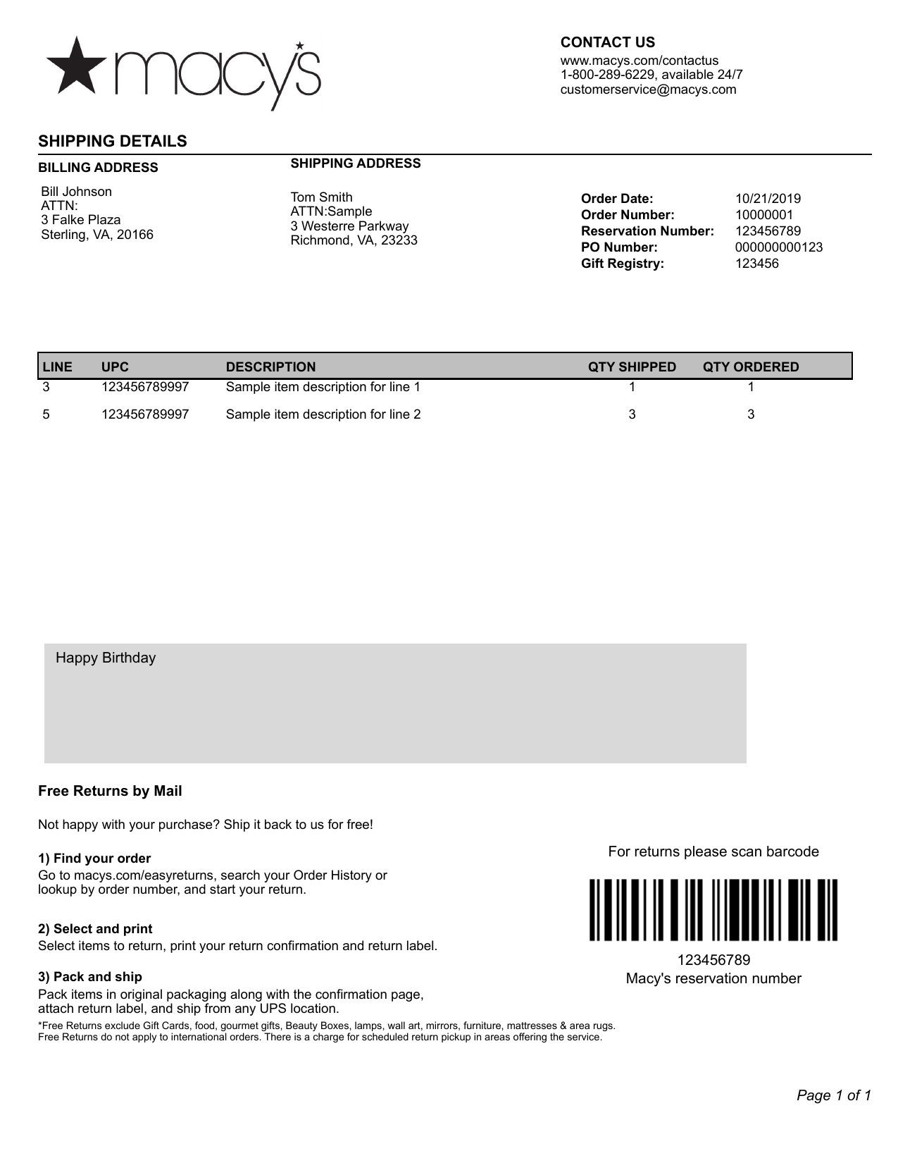 Macy's packing slip template